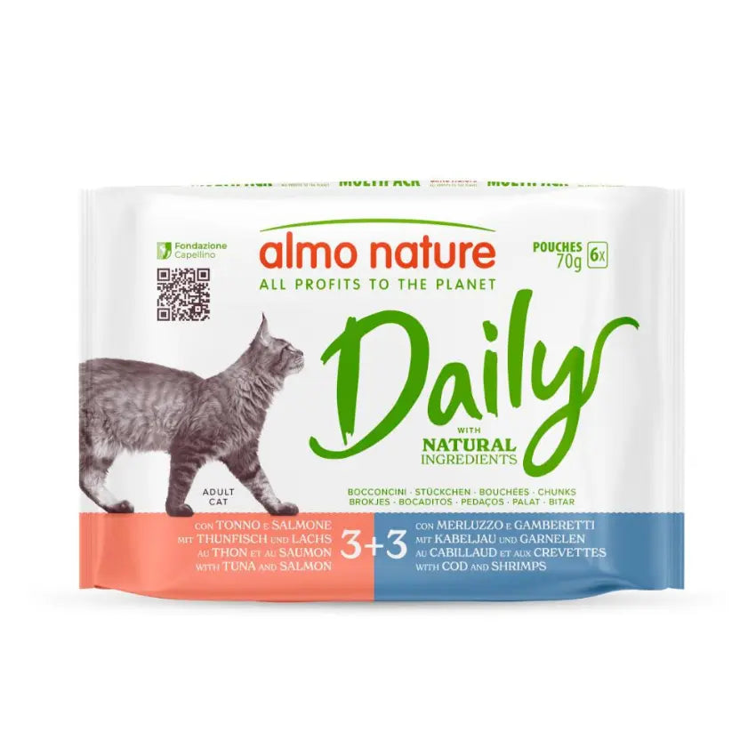 Almo Nature Cat Daily - Atum / Salmão e Bacalhau / Camarão - 6 x 70 gr - Gatursos