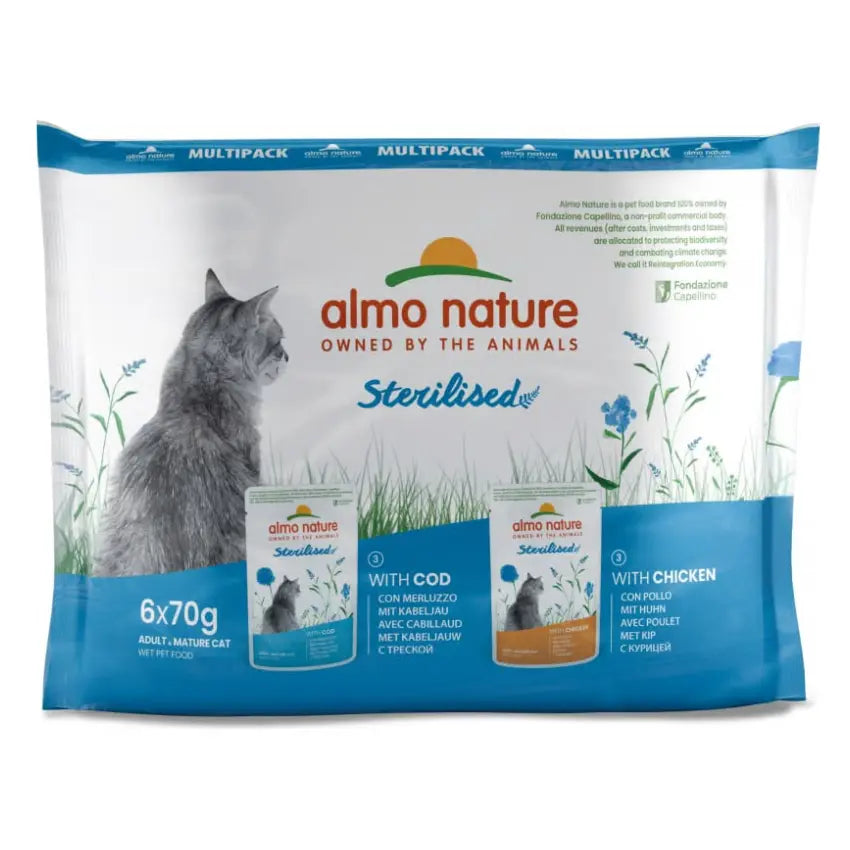 Multipack Almo Nature Sterilised com saquetas de bacalhau e frango