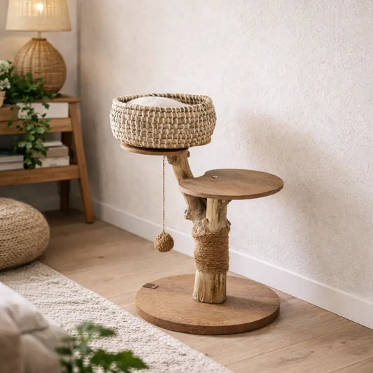 Árvore para gatos Cafeeiro Panier em ambiente doméstico com base em madeira e cesto em jacinto-de-água