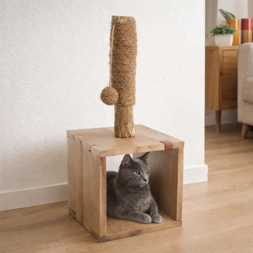 Arranhador em cubo de madeira com poste em fibra vegetal e gato no interior, em ambiente doméstico