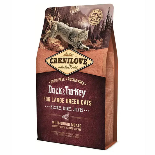 Saco de ração Carnilove para gatos de raça grande, sem cereais, com pato e peru.