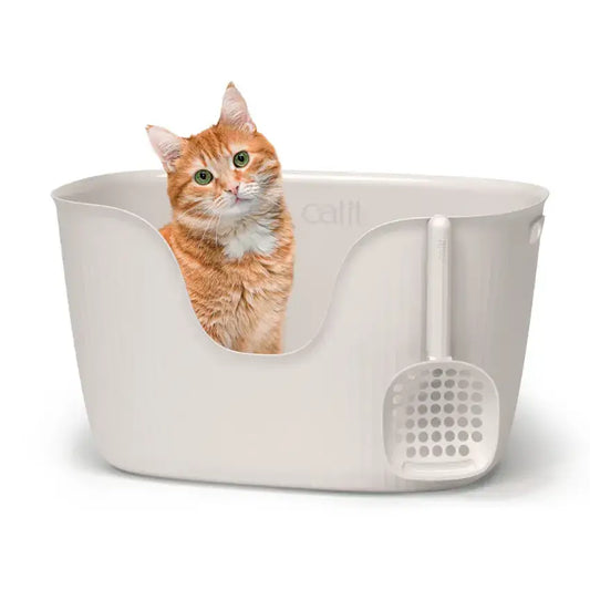 Caixa de areia Catit Loo com design aberto, feita com plástico reciclado pós-consumo, paredes altas e pá larga a condizer, ideal para gatos adultos. Cor neutra e forma ergonómica. Design moderno.