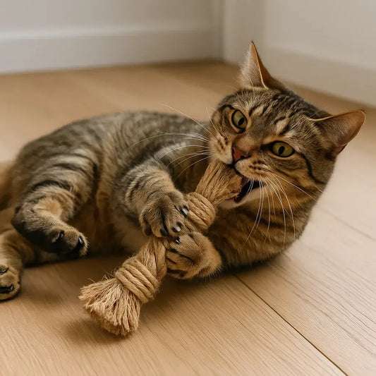 Gato divertido a brincar com corda de cânhamo Trixie