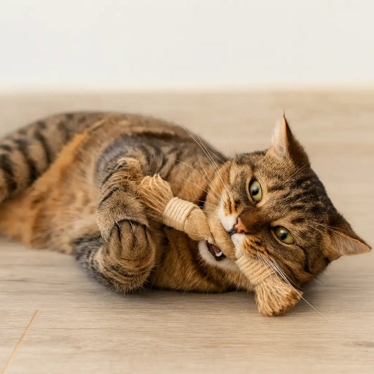 Gato malhado deitado de barriga para cima a brincar e morder um brinquedo de corda, sobre um chão de madeira clara com luz natural suave.