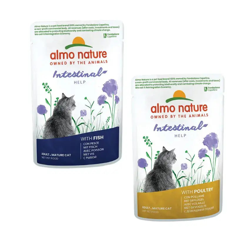 Saquetas do Almo Nature Cat Functional Intestinal Help Multipack com pedaços de carne de aves e de peixe em molho