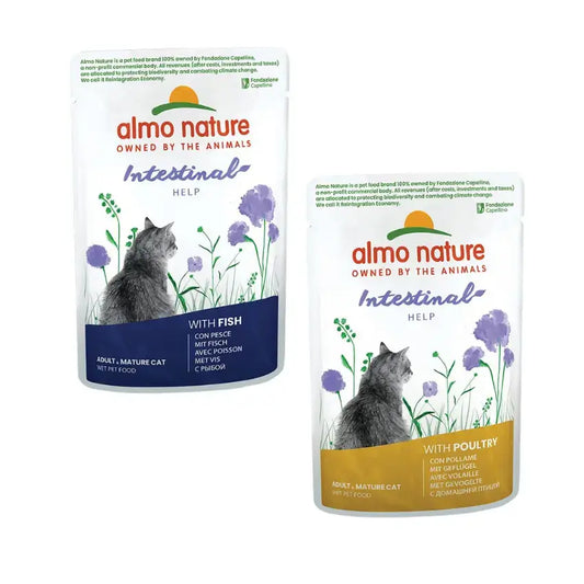 Saquetas do Almo Nature Cat Functional Intestinal Help Multipack com pedaços de carne de aves e de peixe em molho