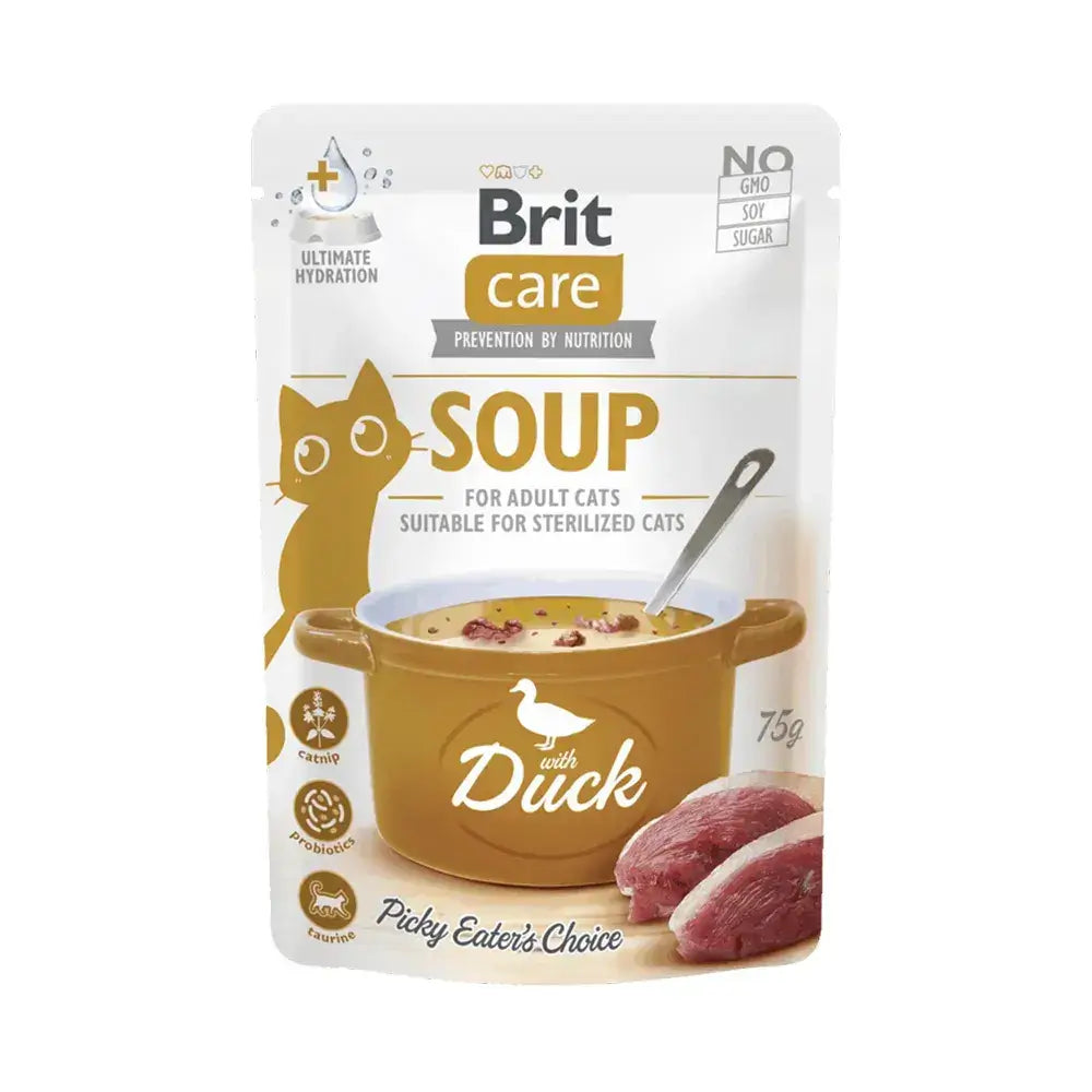 sopa húmida Brit Care com pato, perfeita para hidratar gatos adultos e apoiar a saúde urinária.
