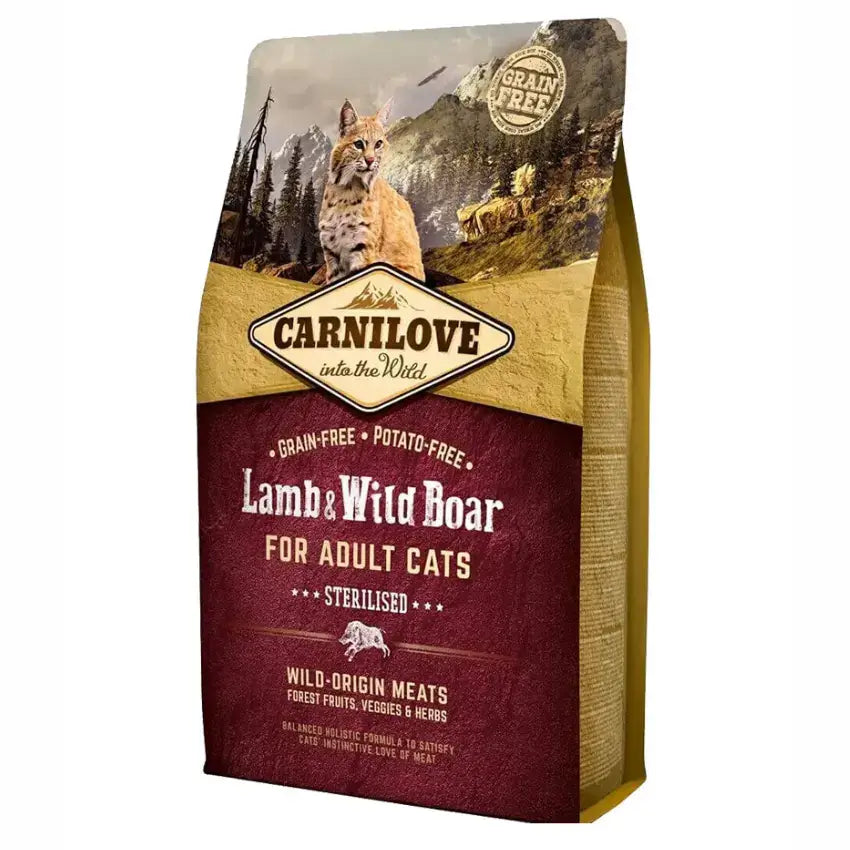 Saco de ração Carnilove para gatos esterilizados, com javali e cordeiro, sem cereais.