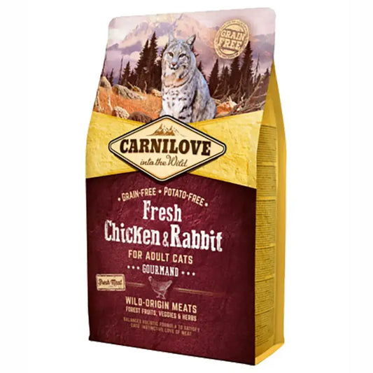 Saco de ração Carnilove para gatos adultos com frango fresco e coelho, sem cereais, ideal para digestão sensível. Gatursos.pt