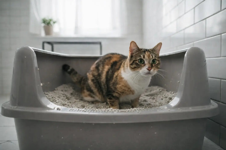 Gata calico deitada numa caixa de areia 