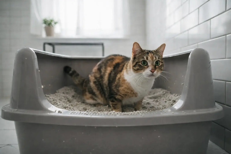 Gata calico deitada numa caixa de areia 