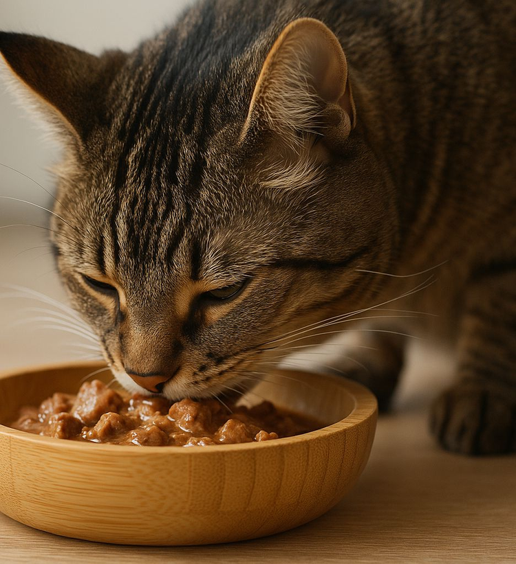Gato a comer comida humida em pedaços num prato baixo de bambu.