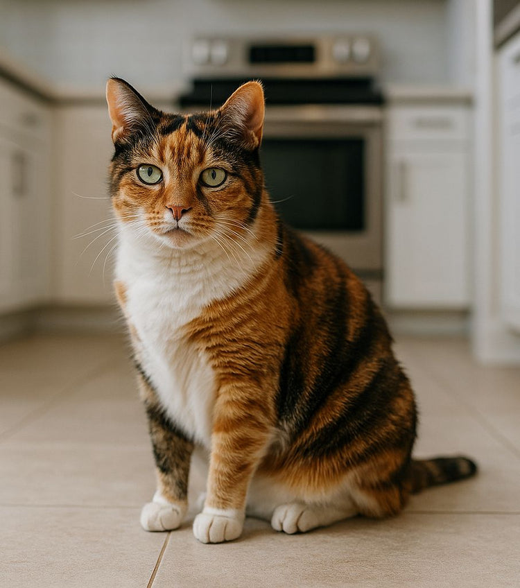 gata calico sentada no chão de uma cozinha moderna com tijoleira de cor clara