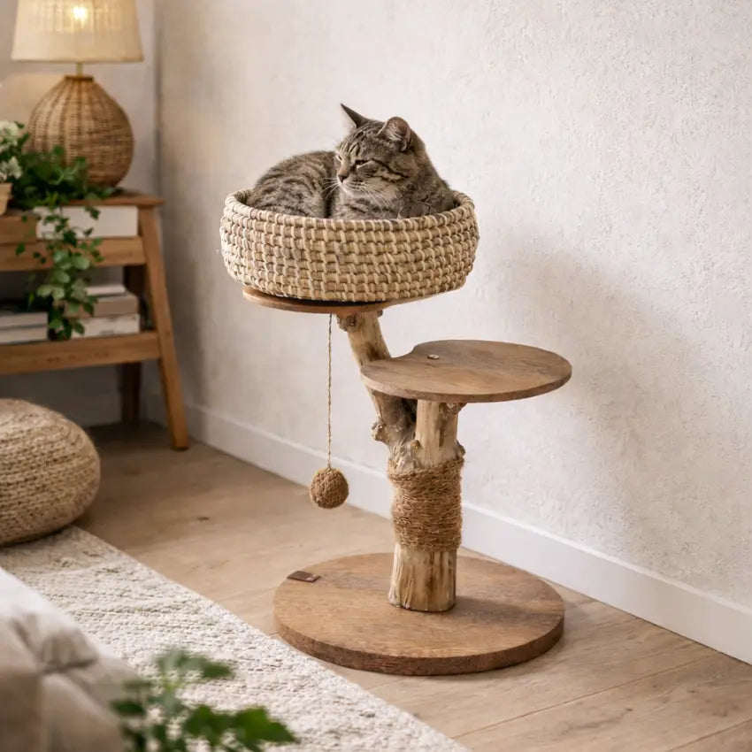 Árvore para gatos Cafeeiro Panier em ambiente doméstico com gato deitado no cesto