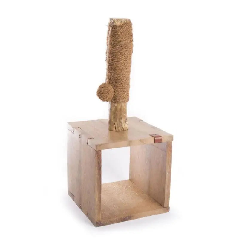 Arranhador em cubo de madeira com poste em fibra de coco