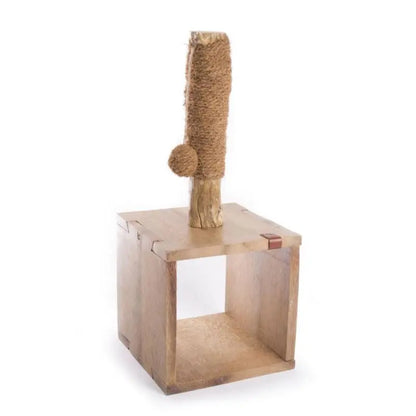Arranhador em cubo de madeira com poste em fibra de coco