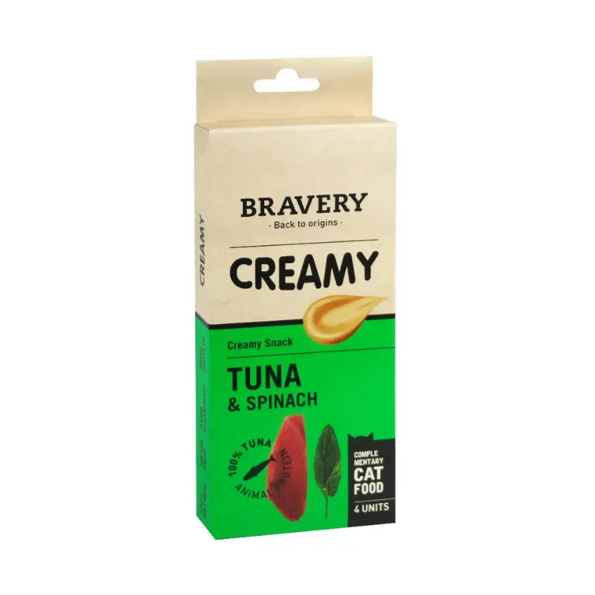 Embalagem completa com 4 x 56 gr Bravery Creamy Atum e Espinafre