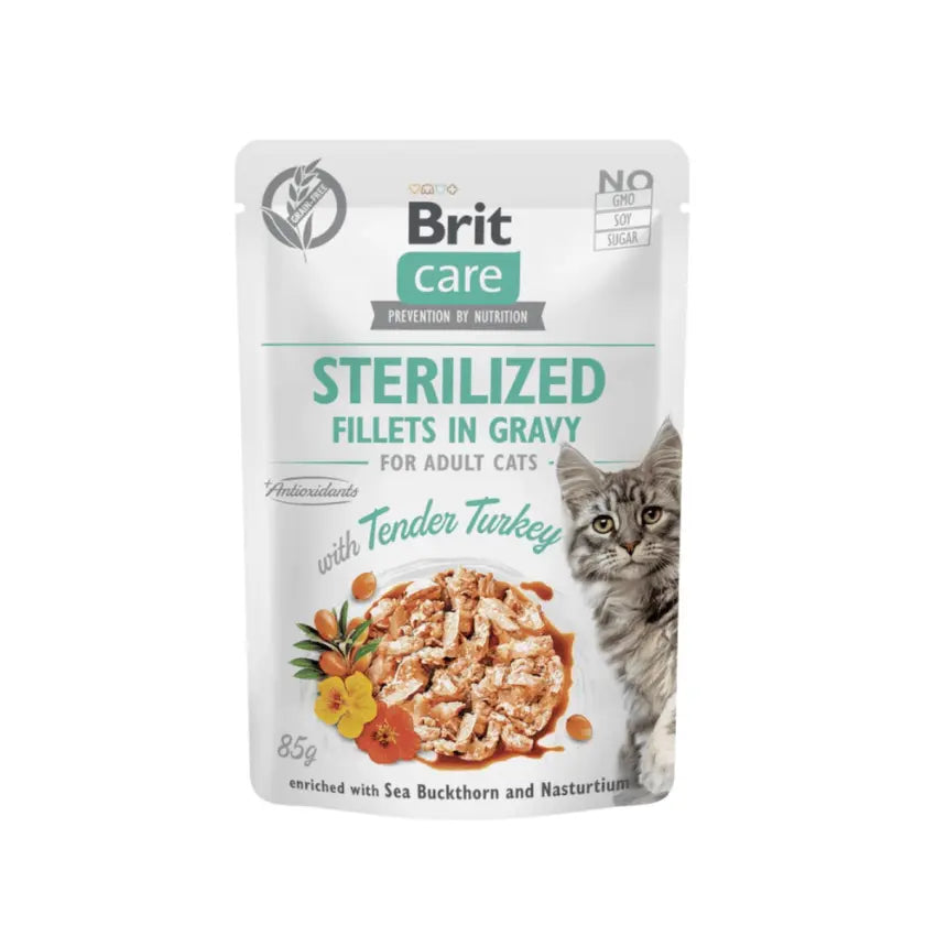 Saqueta individual da comida húmida para gatos Brit Care filetes tenros de peru