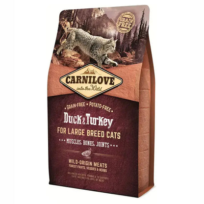 Saco de ração Carnilove para gatos de raça grande, sem cereais, com pato e peru.