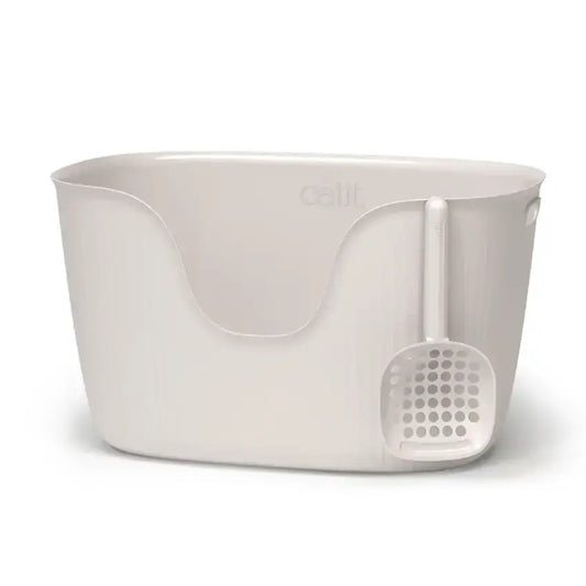 Caixa de areia Catit Loo com design aberto, feita com plástico reciclado, paredes altas e pá larga a condizer — ideal para gatos adultos. Cor neutra e forma ergonómica.