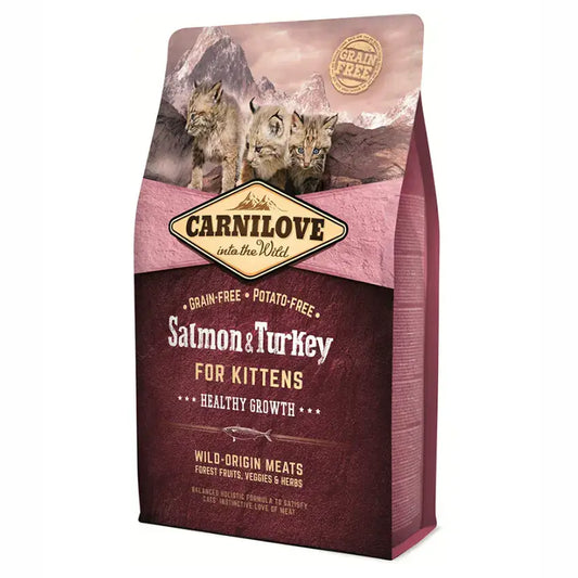 Ração natural Carnilove Kitten com salmão e peru, sem cereais, ideal para o crescimento saudável de gatinhos. - Gatursos.pt
