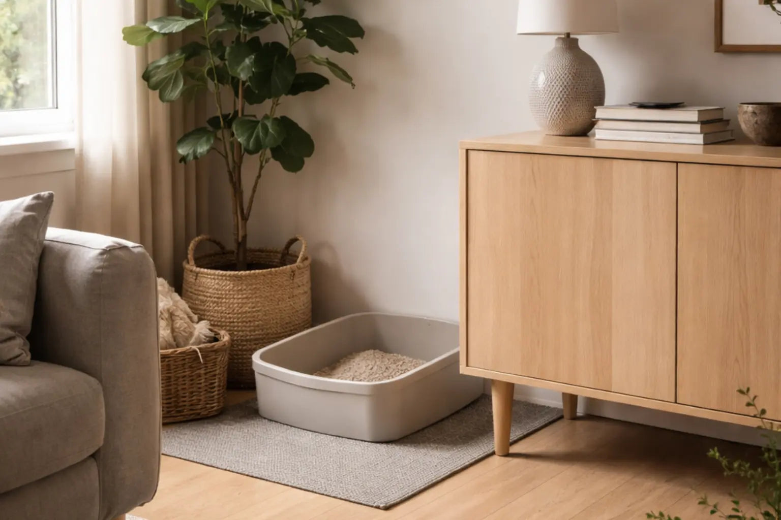 Caixa de areia para gatos integrada de forma discreta num espaço da casa