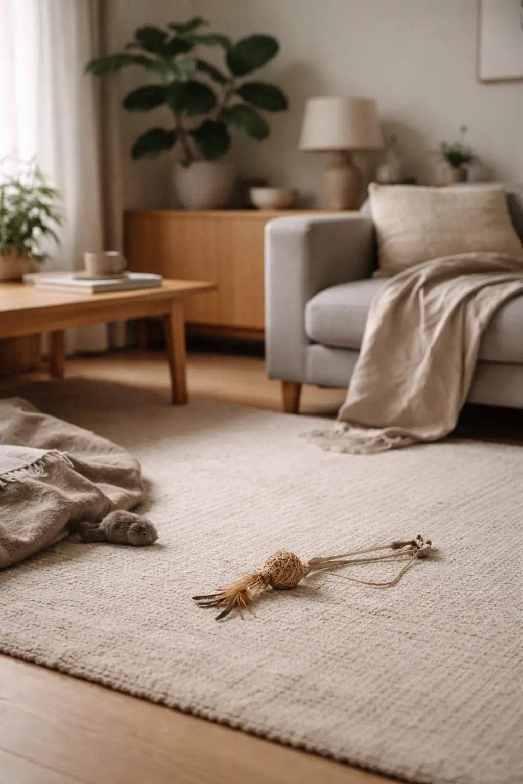 Brinquedo para gatos em materiais naturais num espaço doméstico com luz suave