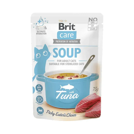 sopa húmida Brit Care com atum, ideal para reforçar a hidratação e apoiar a saúde digestiva e urinária de gatos adultos.