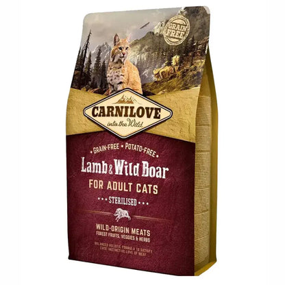 Saco de ração Carnilove para gatos esterilizados, com javali e cordeiro, sem cereais. 