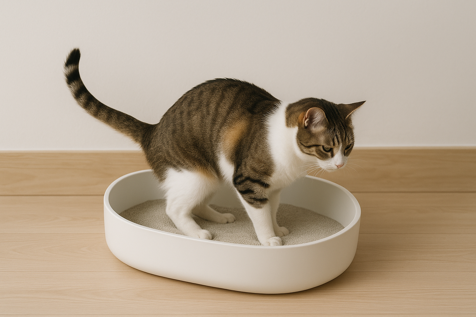 Gato a usar uma caixa de areia com um grão muito fino. Fundo claro, estilo minimalista/escandinavo